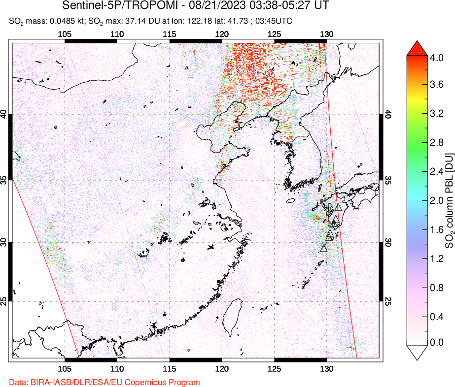 A sulfur dioxide image over Eastern China on Aug 21, 2023.