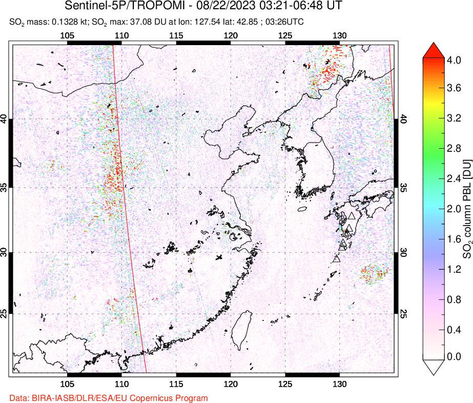 A sulfur dioxide image over Eastern China on Aug 22, 2023.