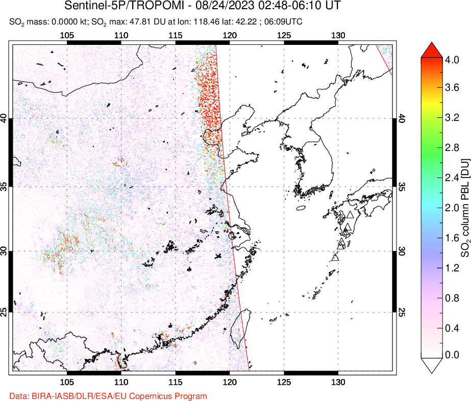 A sulfur dioxide image over Eastern China on Aug 24, 2023.