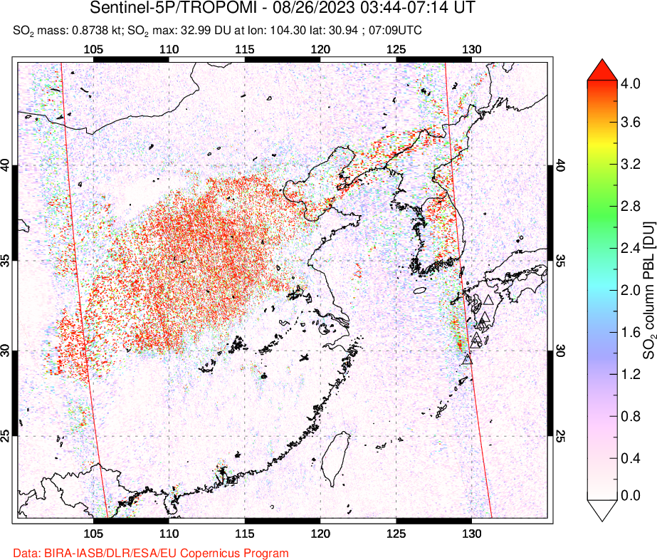 A sulfur dioxide image over Eastern China on Aug 26, 2023.