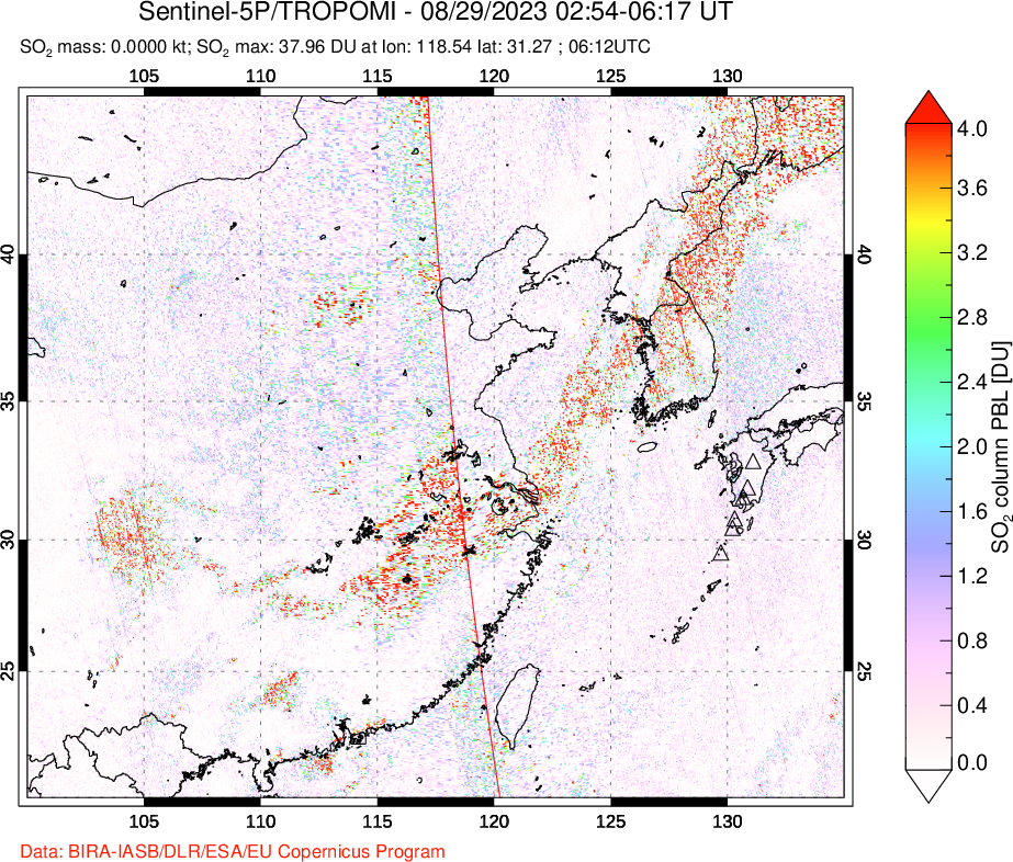 A sulfur dioxide image over Eastern China on Aug 29, 2023.