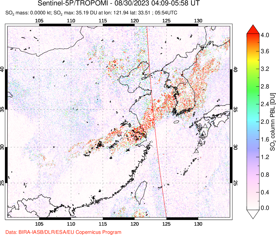 A sulfur dioxide image over Eastern China on Aug 30, 2023.