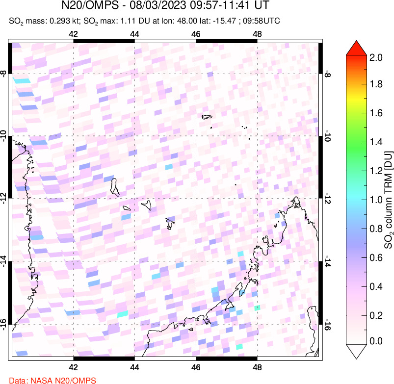A sulfur dioxide image over Comoro Islands on Aug 03, 2023.