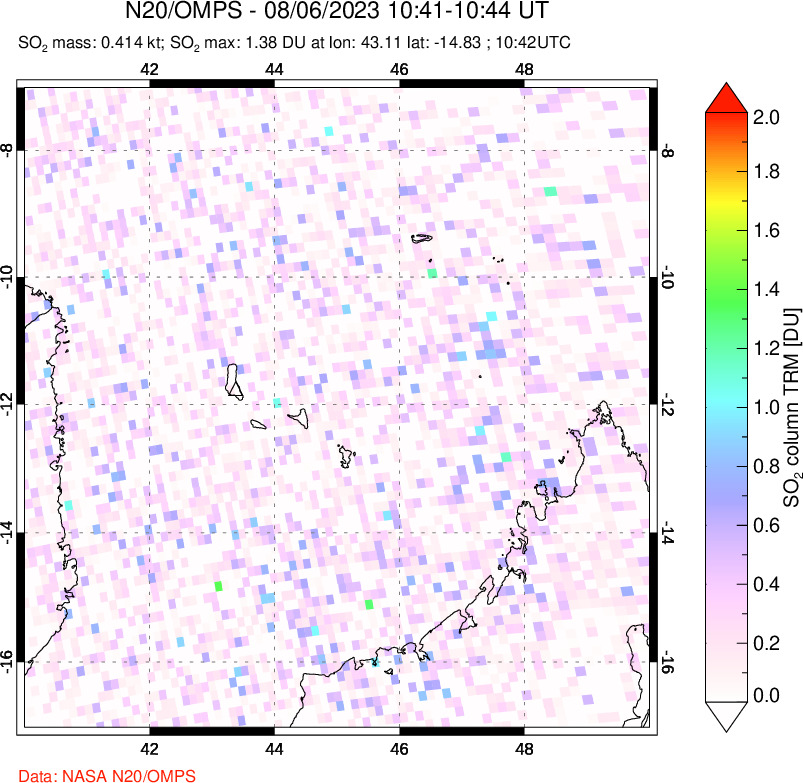 A sulfur dioxide image over Comoro Islands on Aug 06, 2023.