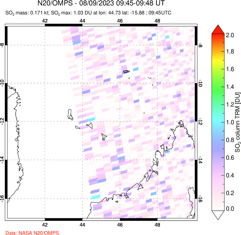 A sulfur dioxide image over Comoro Islands on Aug 09, 2023.