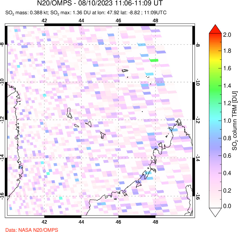 A sulfur dioxide image over Comoro Islands on Aug 10, 2023.