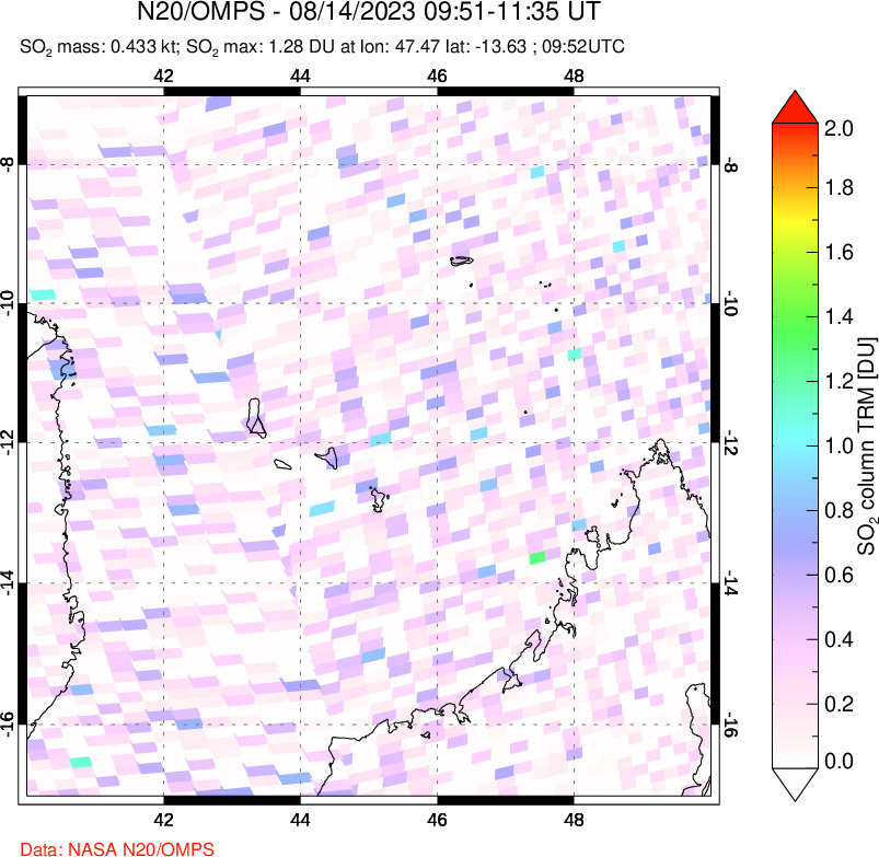 A sulfur dioxide image over Comoro Islands on Aug 14, 2023.
