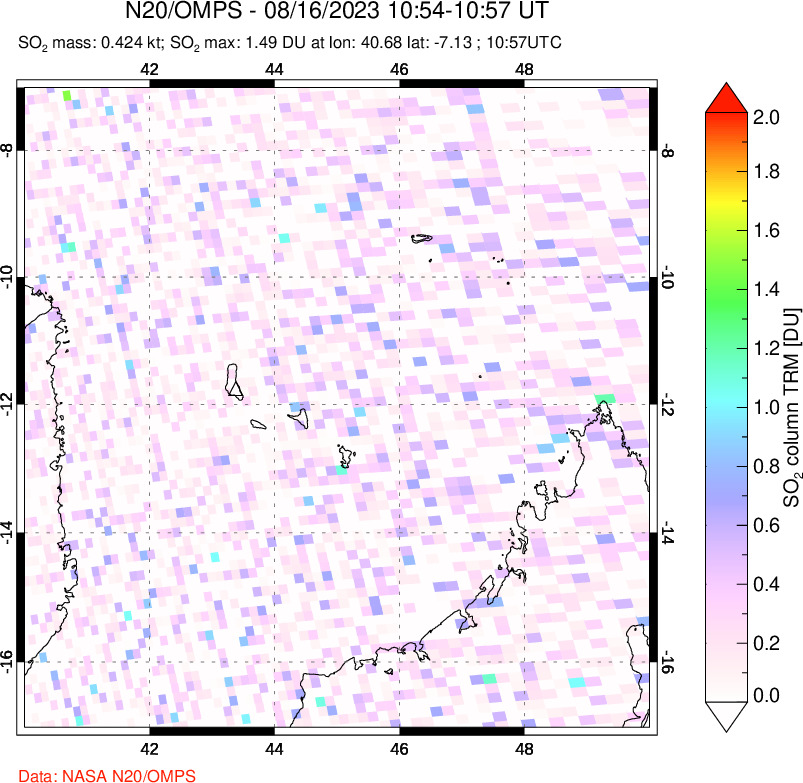 A sulfur dioxide image over Comoro Islands on Aug 16, 2023.