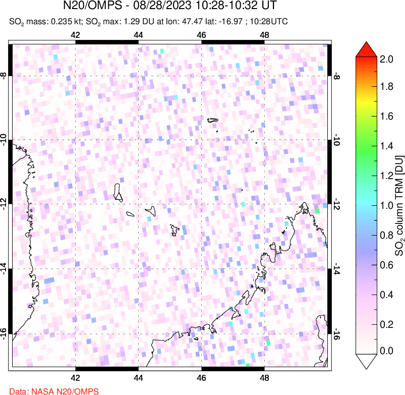 A sulfur dioxide image over Comoro Islands on Aug 28, 2023.