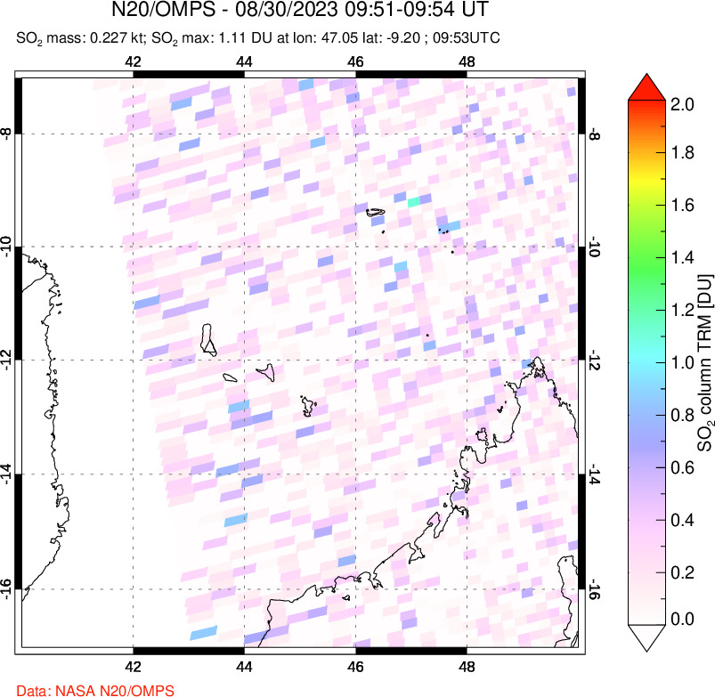 A sulfur dioxide image over Comoro Islands on Aug 30, 2023.