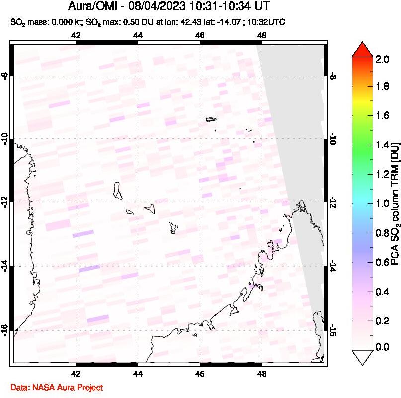 A sulfur dioxide image over Comoro Islands on Aug 04, 2023.