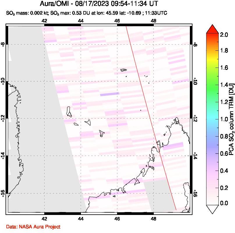 A sulfur dioxide image over Comoro Islands on Aug 17, 2023.