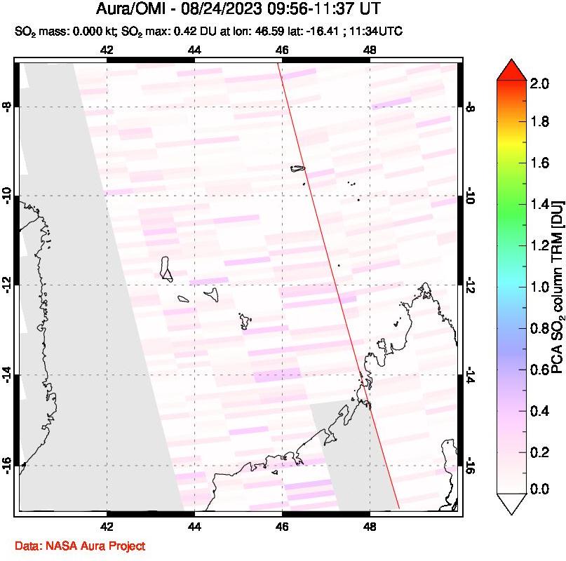 A sulfur dioxide image over Comoro Islands on Aug 24, 2023.