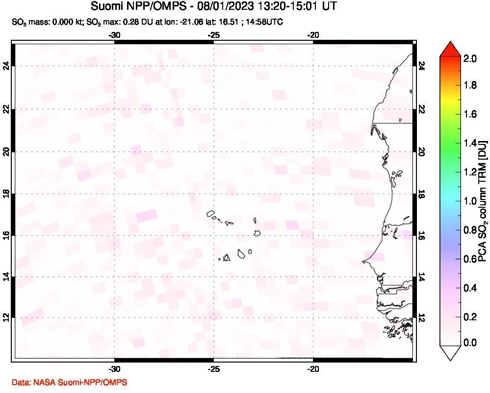 A sulfur dioxide image over Cape Verde Islands on Aug 01, 2023.