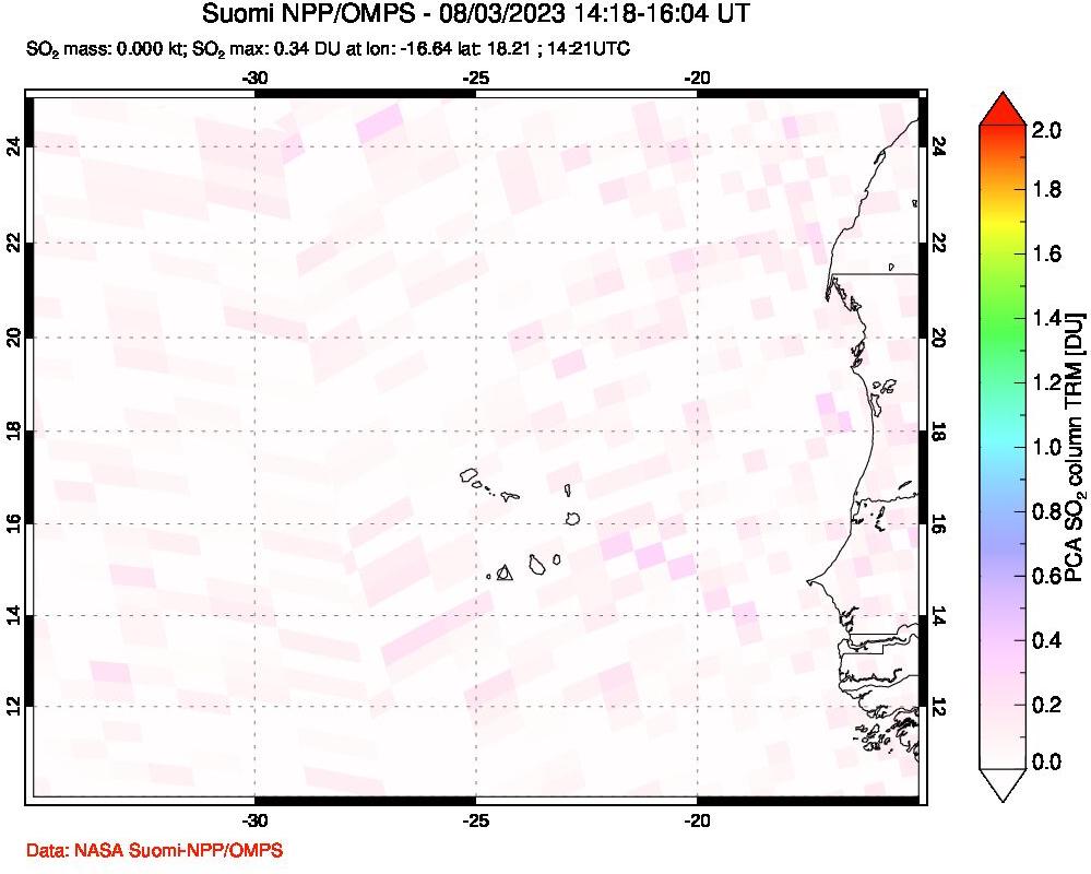 A sulfur dioxide image over Cape Verde Islands on Aug 03, 2023.