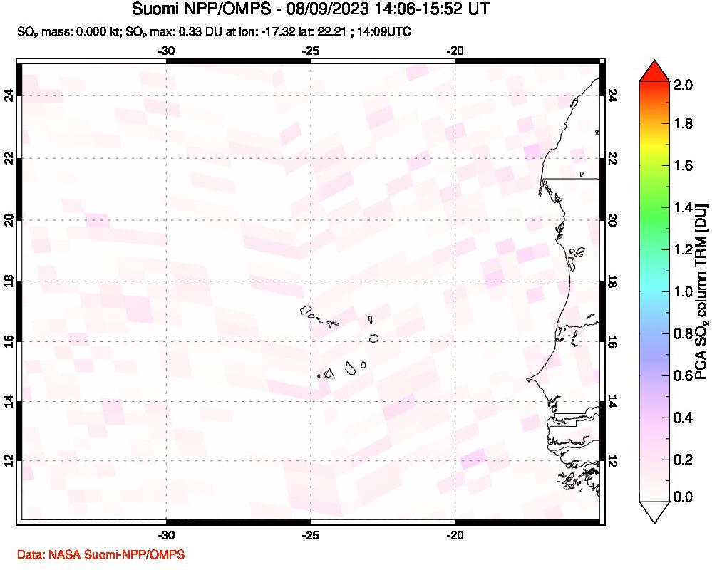 A sulfur dioxide image over Cape Verde Islands on Aug 09, 2023.