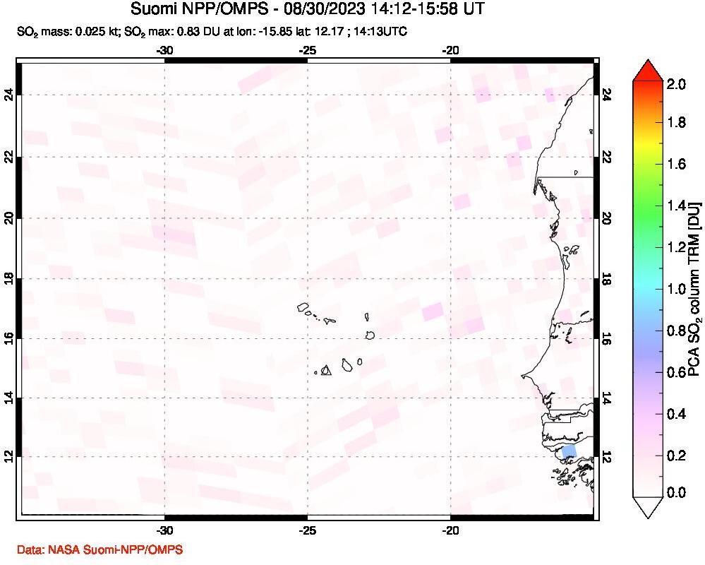 A sulfur dioxide image over Cape Verde Islands on Aug 30, 2023.