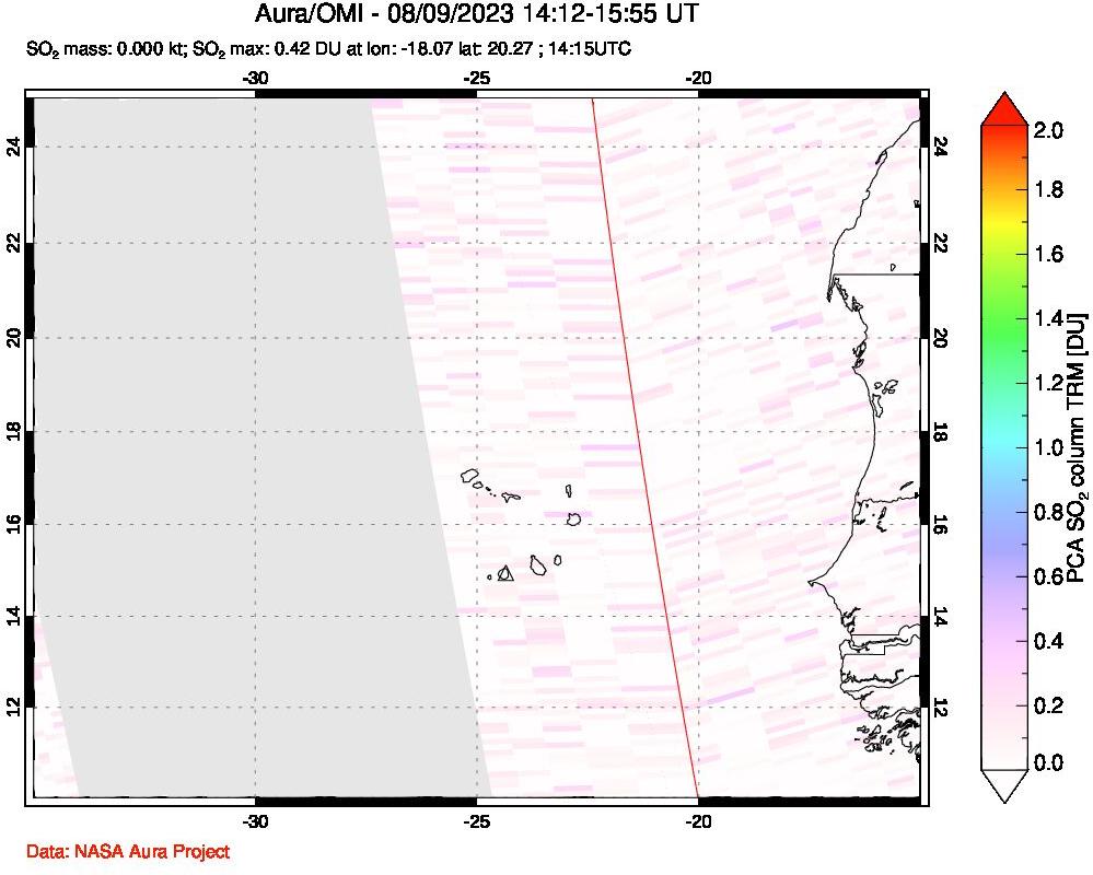 A sulfur dioxide image over Cape Verde Islands on Aug 09, 2023.