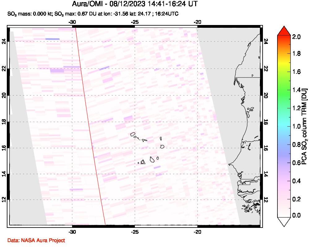 A sulfur dioxide image over Cape Verde Islands on Aug 12, 2023.