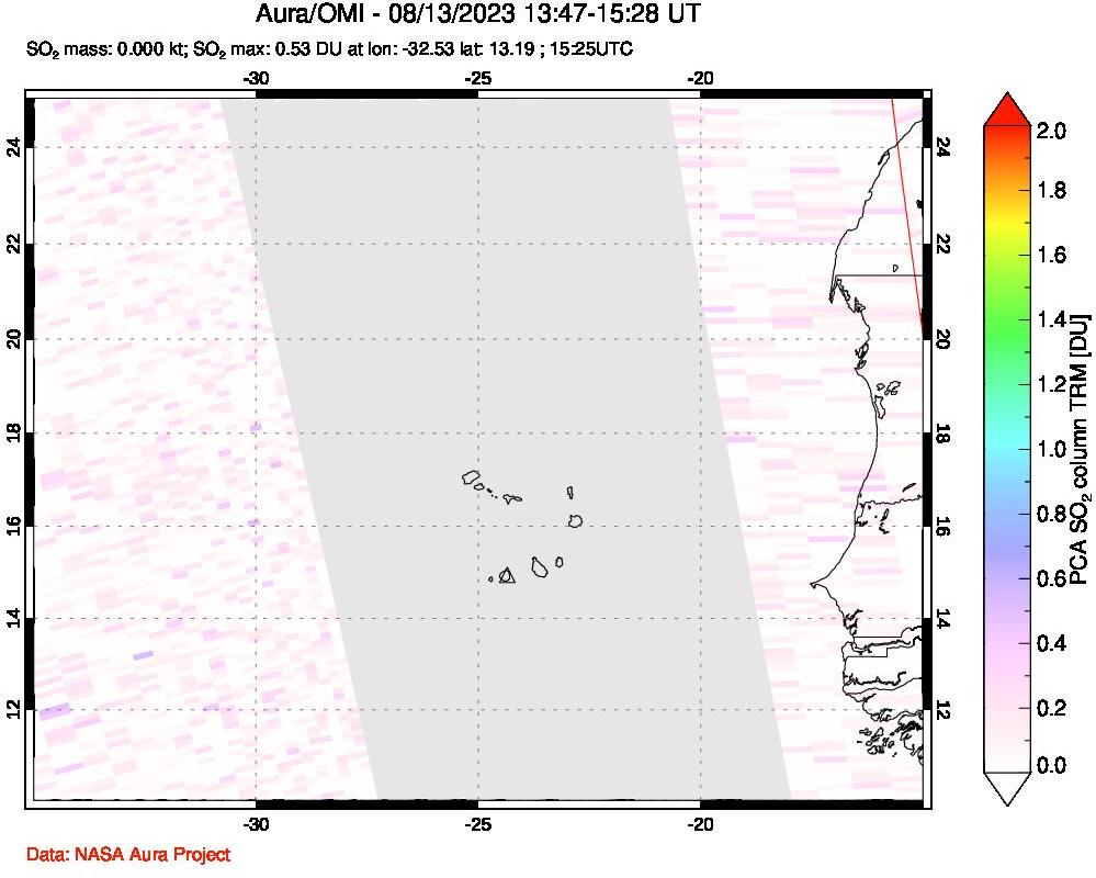 A sulfur dioxide image over Cape Verde Islands on Aug 13, 2023.