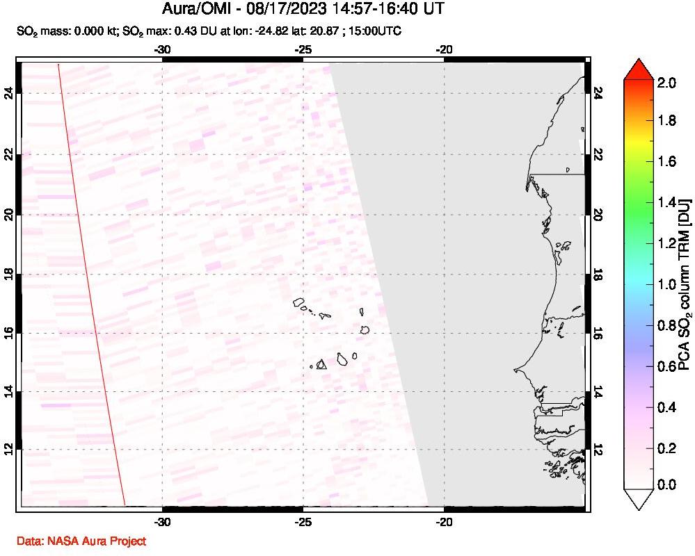 A sulfur dioxide image over Cape Verde Islands on Aug 17, 2023.