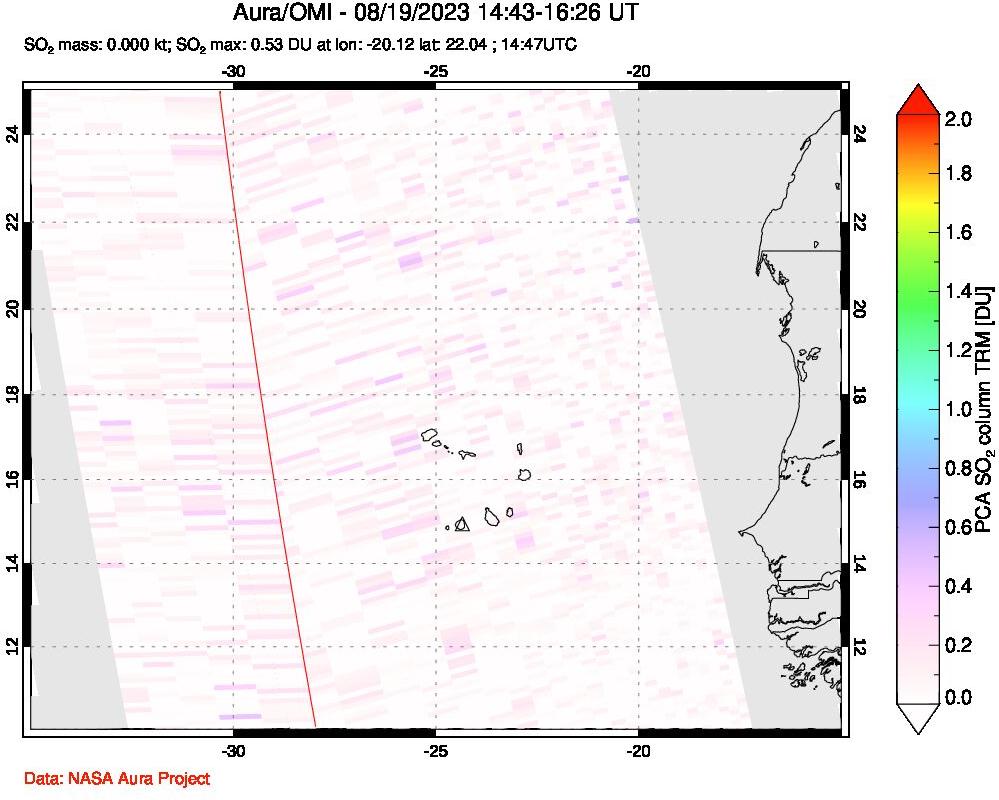 A sulfur dioxide image over Cape Verde Islands on Aug 19, 2023.