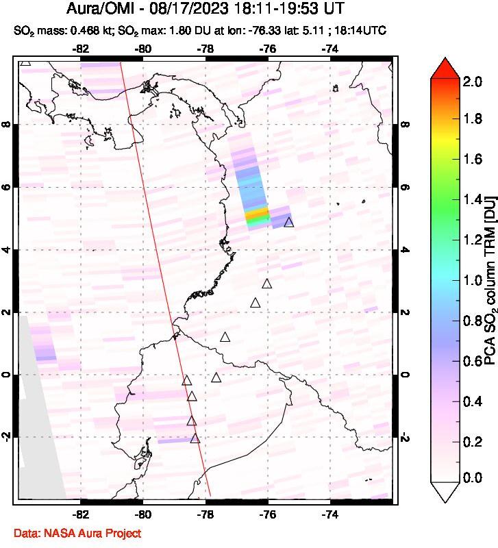 A sulfur dioxide image over Ecuador on Aug 17, 2023.