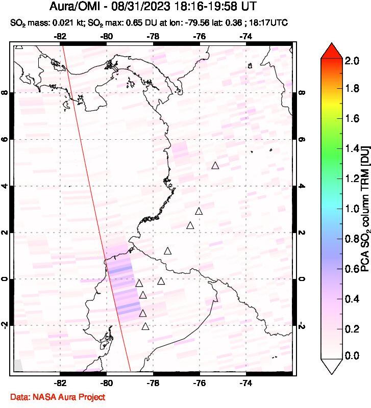 A sulfur dioxide image over Ecuador on Aug 31, 2023.