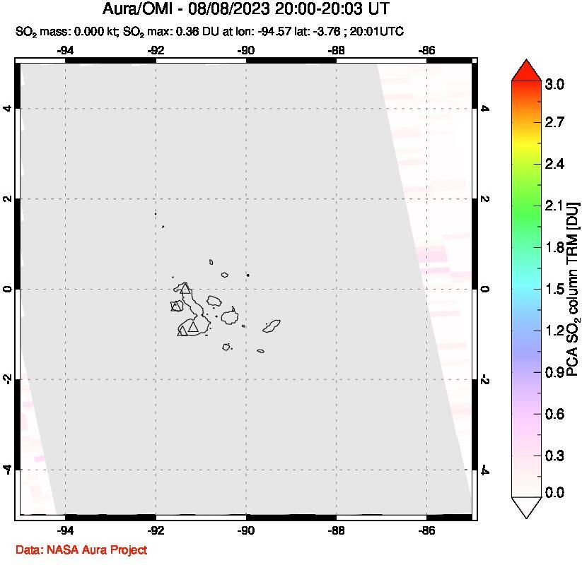 A sulfur dioxide image over Galápagos Islands on Aug 08, 2023.