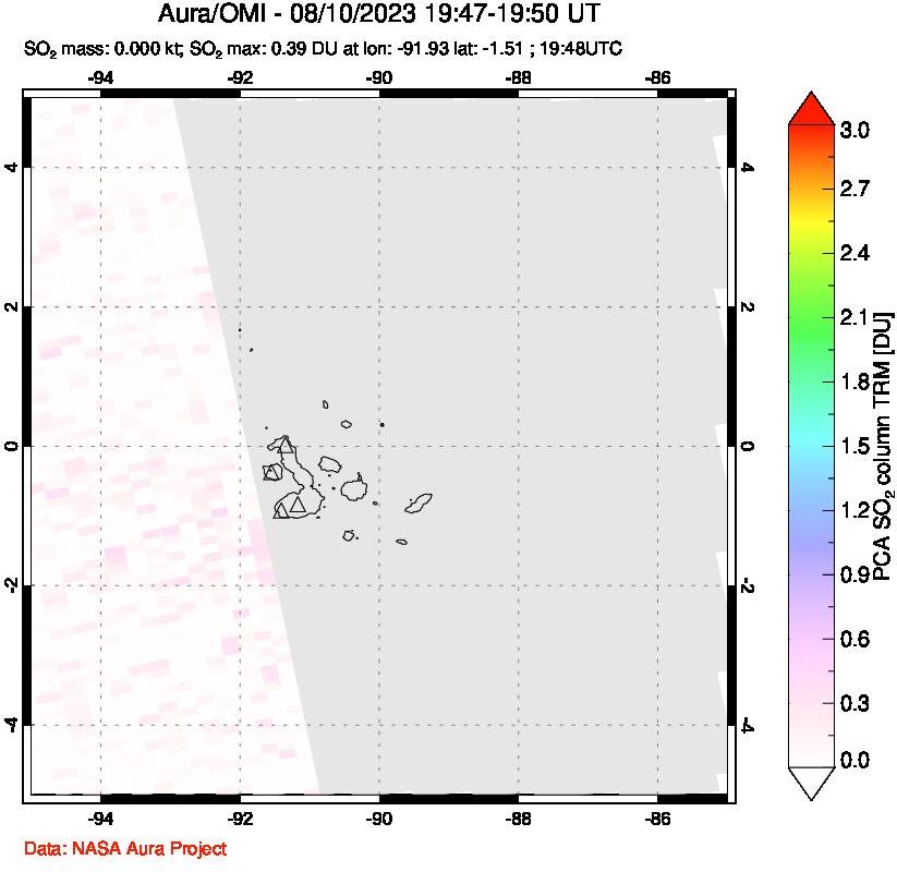 A sulfur dioxide image over Galápagos Islands on Aug 10, 2023.