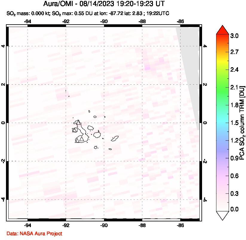 A sulfur dioxide image over Galápagos Islands on Aug 14, 2023.