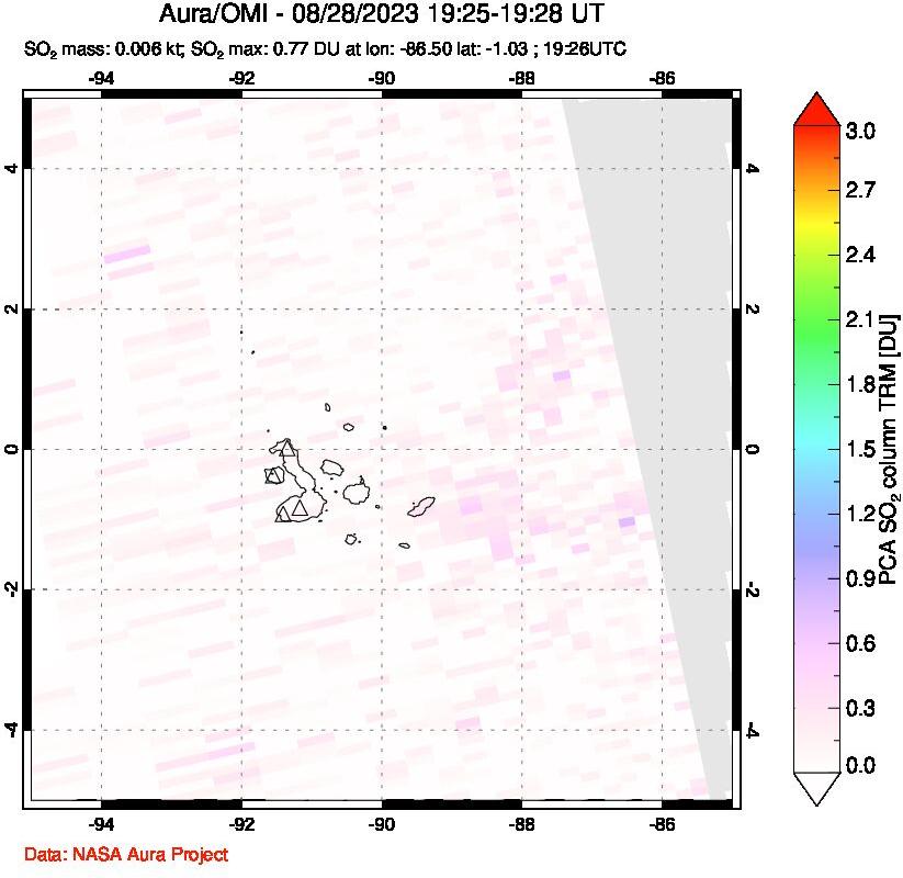 A sulfur dioxide image over Galápagos Islands on Aug 28, 2023.