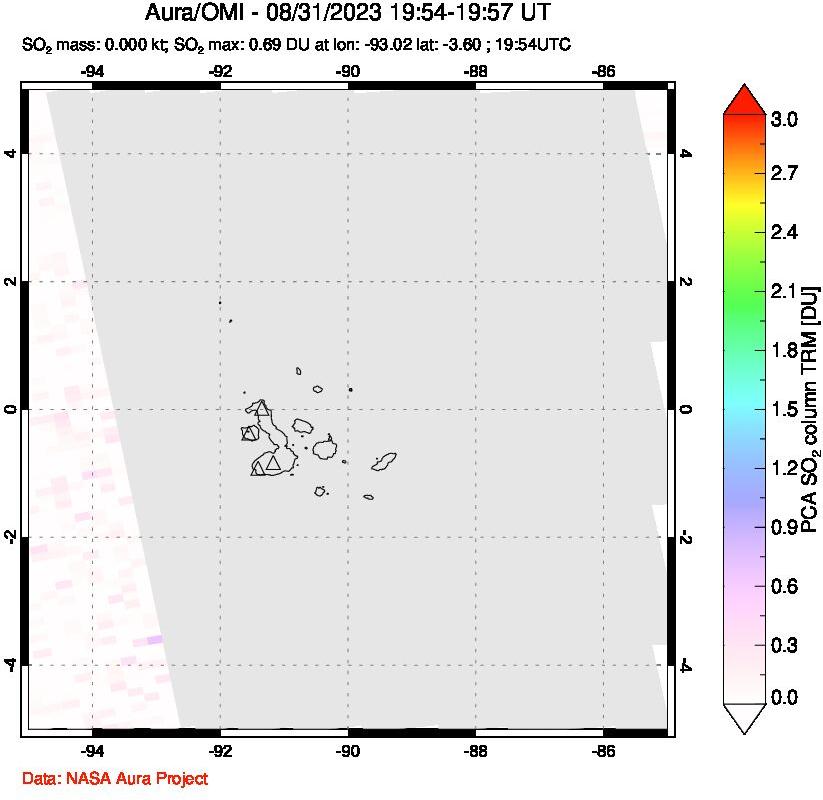 A sulfur dioxide image over Galápagos Islands on Aug 31, 2023.