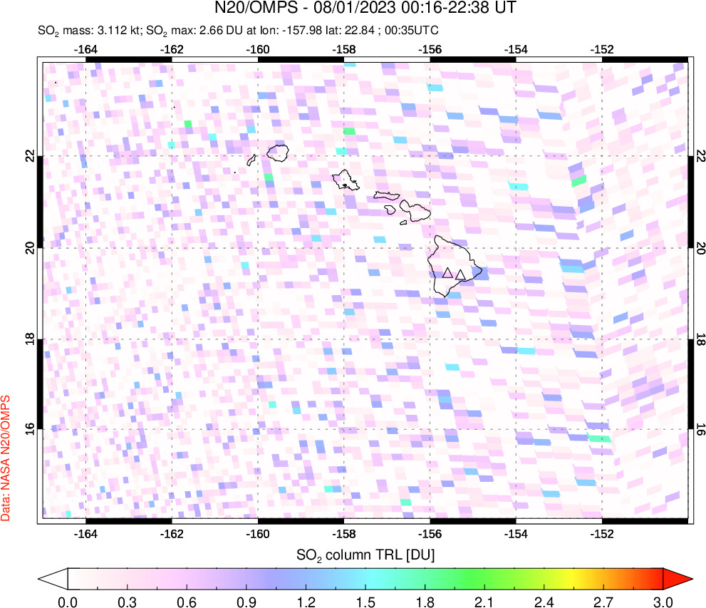 A sulfur dioxide image over Hawaii, USA on Aug 01, 2023.