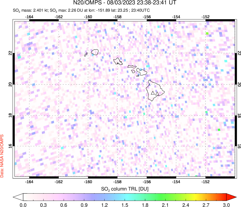 A sulfur dioxide image over Hawaii, USA on Aug 03, 2023.