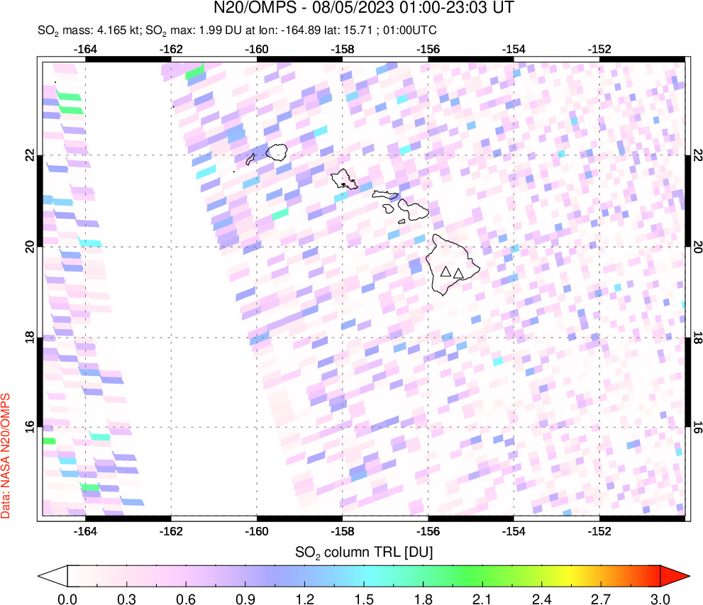 A sulfur dioxide image over Hawaii, USA on Aug 05, 2023.