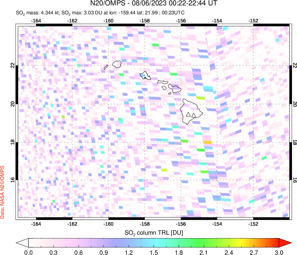 A sulfur dioxide image over Hawaii, USA on Aug 06, 2023.