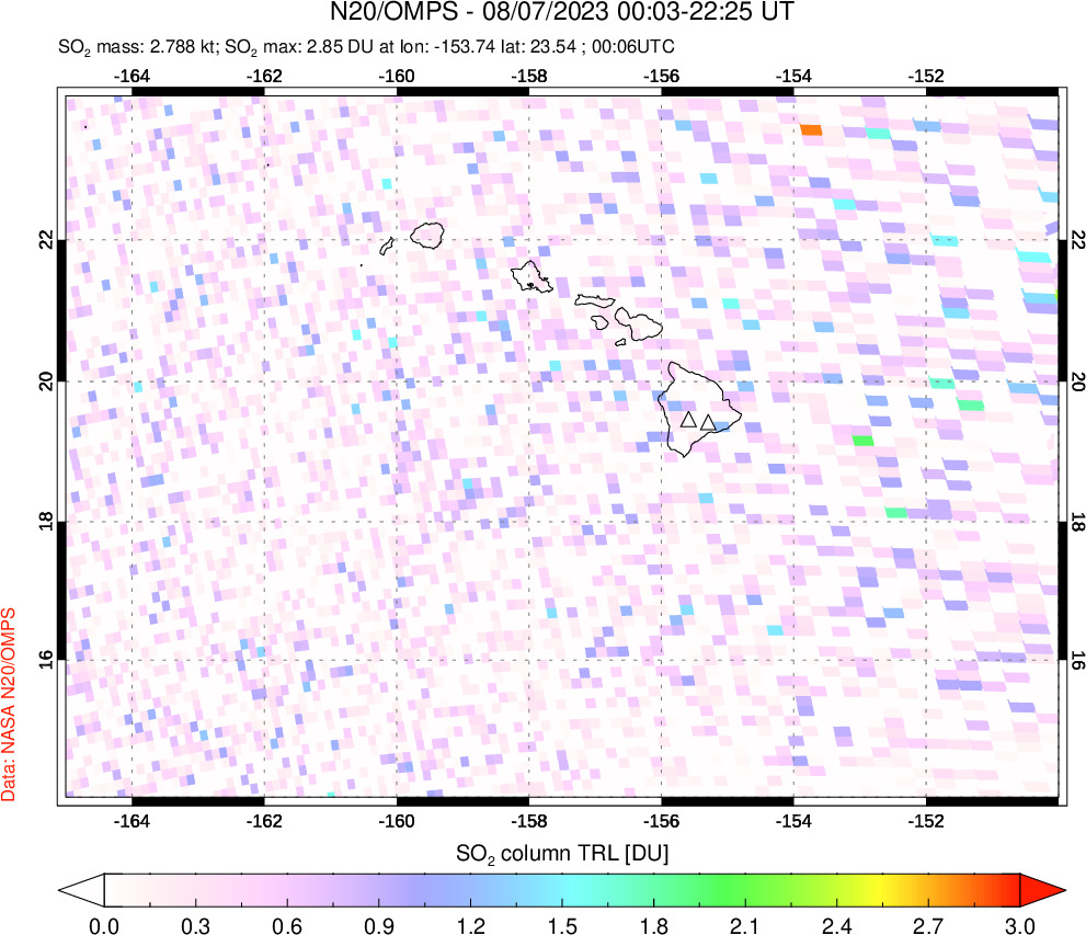 A sulfur dioxide image over Hawaii, USA on Aug 07, 2023.