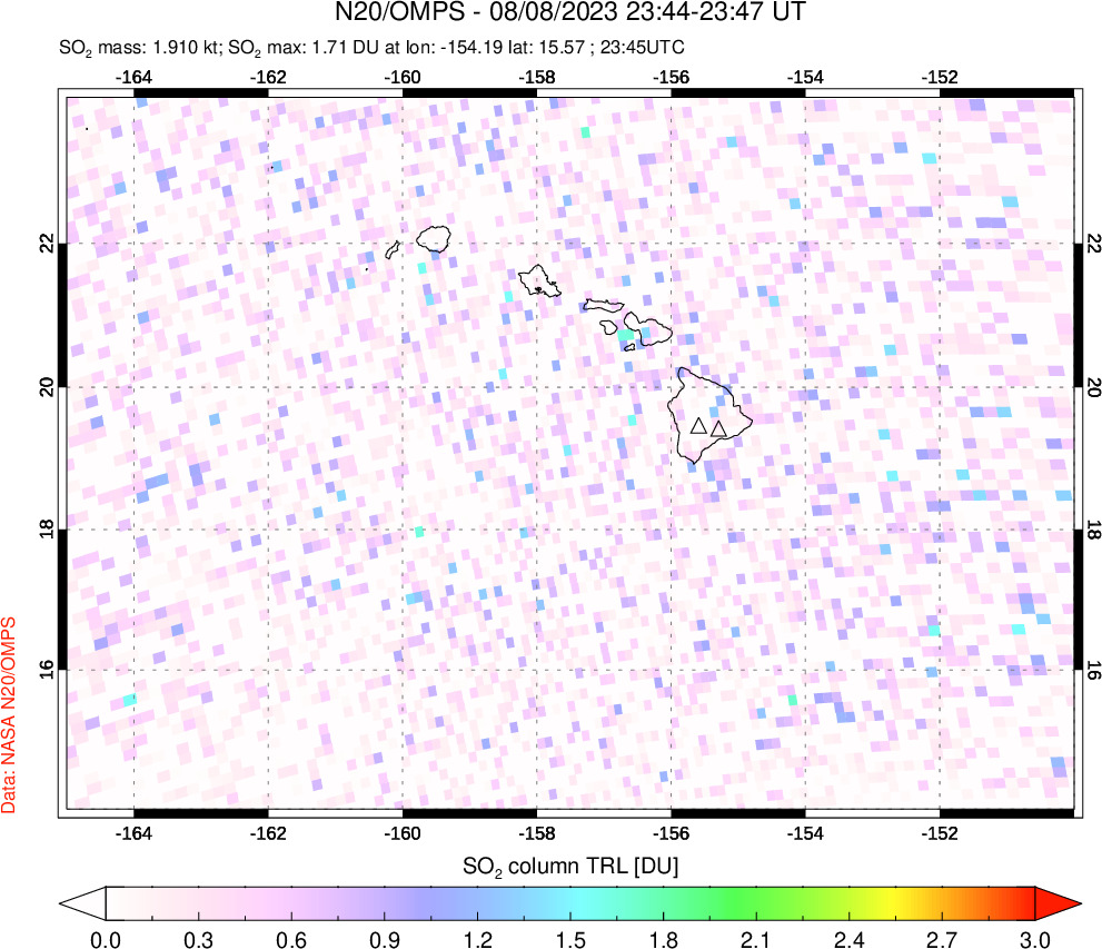 A sulfur dioxide image over Hawaii, USA on Aug 08, 2023.