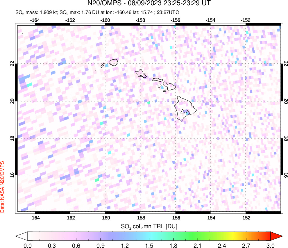 A sulfur dioxide image over Hawaii, USA on Aug 09, 2023.