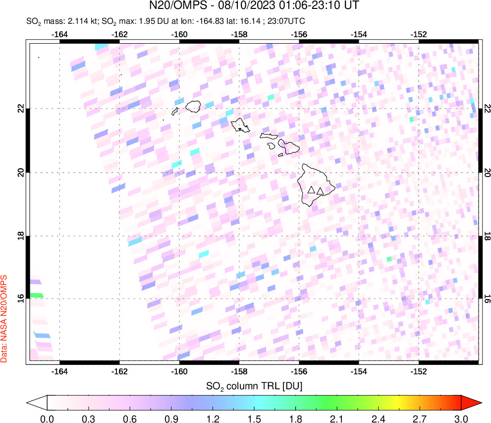 A sulfur dioxide image over Hawaii, USA on Aug 10, 2023.