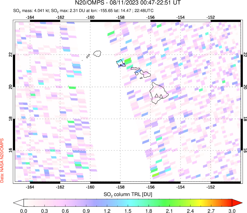 A sulfur dioxide image over Hawaii, USA on Aug 11, 2023.