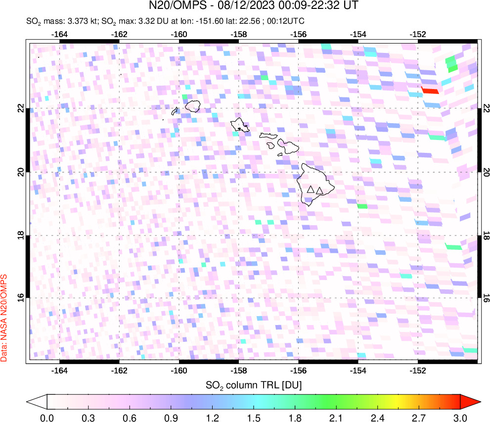 A sulfur dioxide image over Hawaii, USA on Aug 12, 2023.