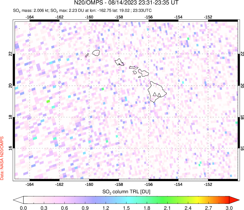 A sulfur dioxide image over Hawaii, USA on Aug 14, 2023.