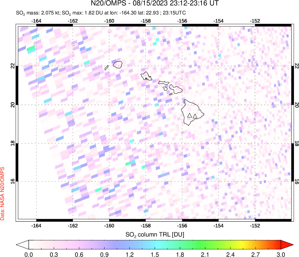 A sulfur dioxide image over Hawaii, USA on Aug 15, 2023.