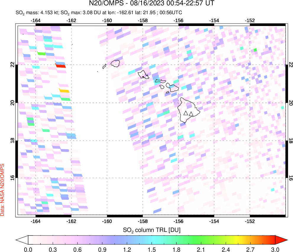 A sulfur dioxide image over Hawaii, USA on Aug 16, 2023.