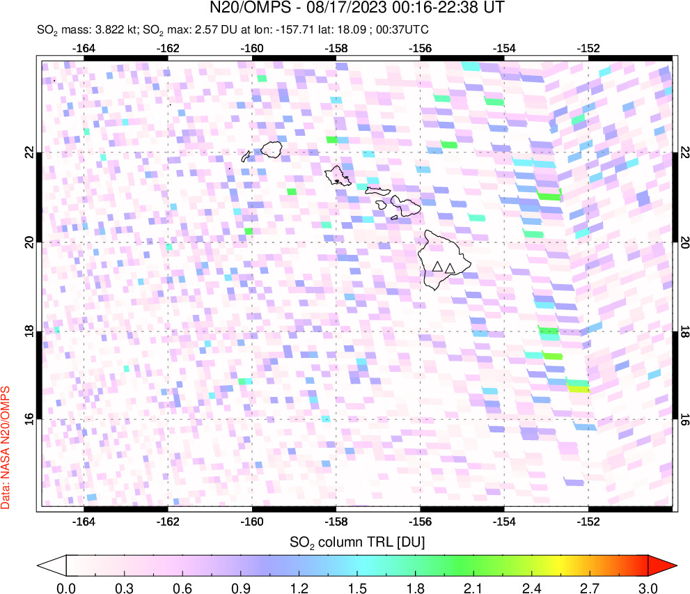 A sulfur dioxide image over Hawaii, USA on Aug 17, 2023.