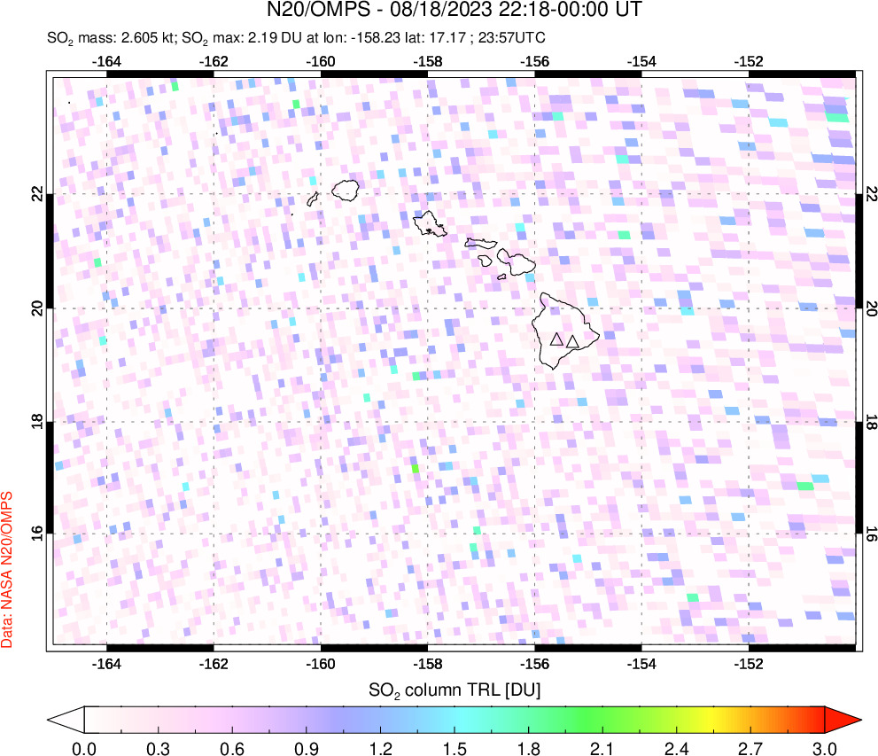 A sulfur dioxide image over Hawaii, USA on Aug 18, 2023.