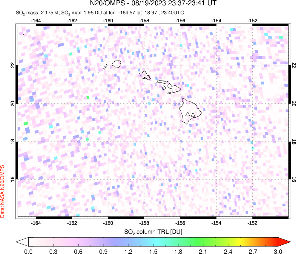 A sulfur dioxide image over Hawaii, USA on Aug 19, 2023.