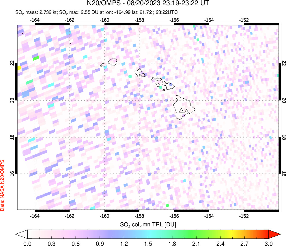 A sulfur dioxide image over Hawaii, USA on Aug 20, 2023.